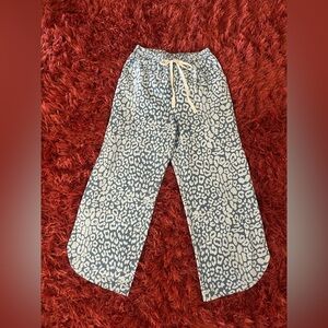 BiBi Blue and White Leopard Pants with curved hem Boho Boutique